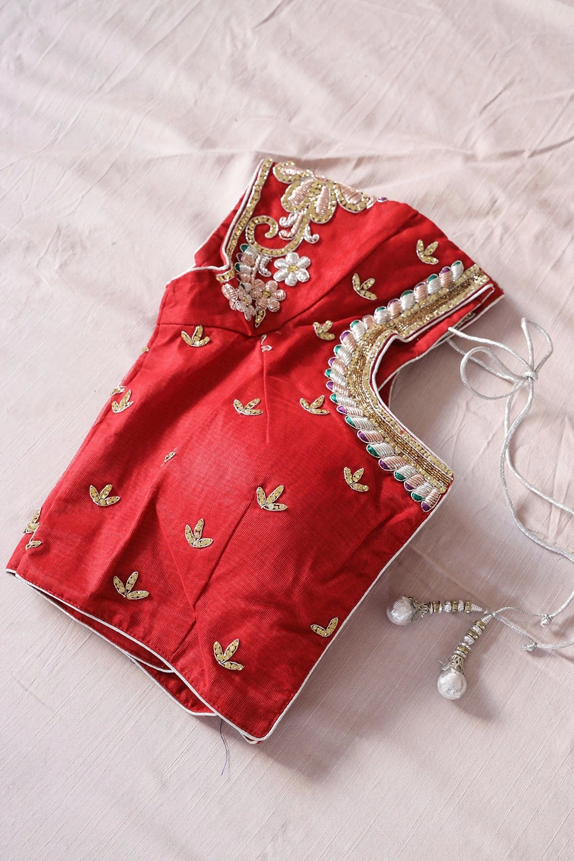 Red Hand Work Embroidery Net Stitched Blouse