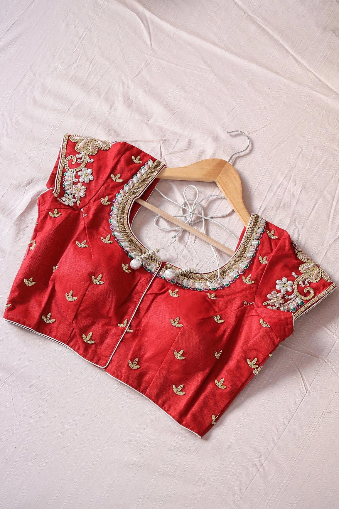 Red Hand Work Embroidery Net Stitched Blouse