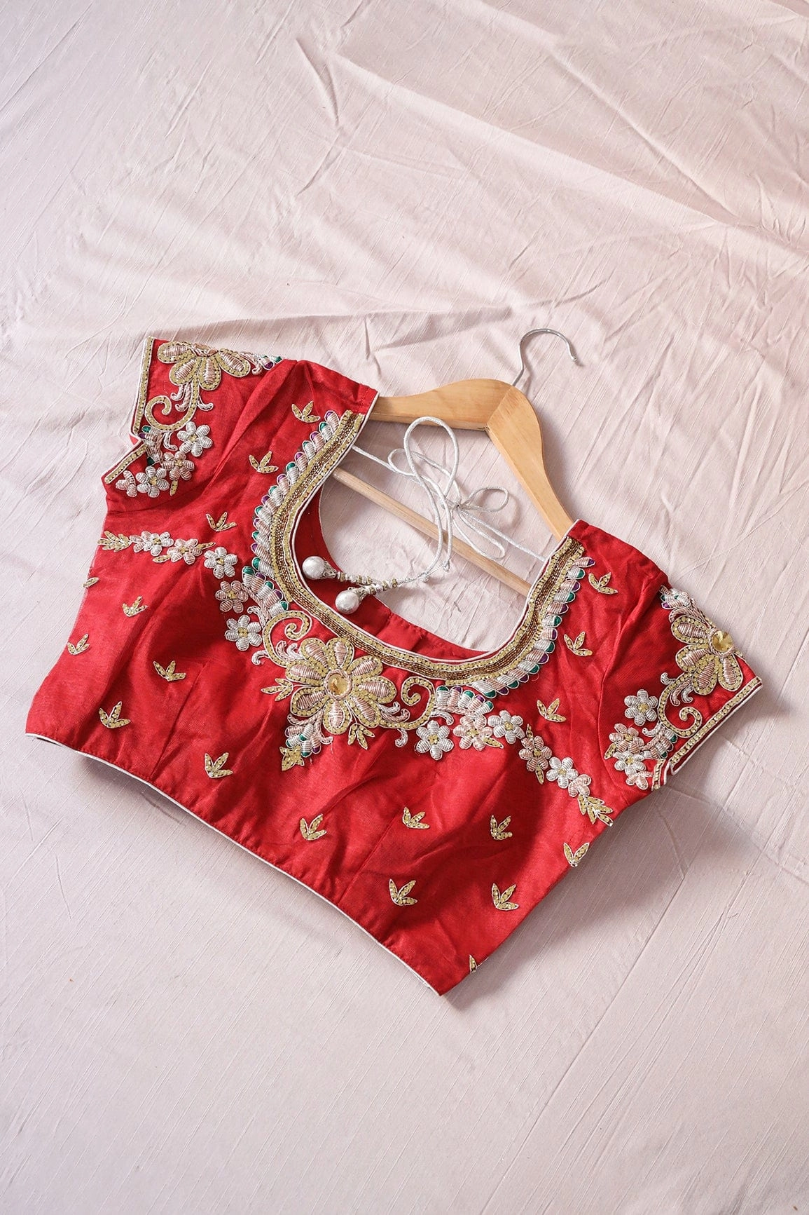 Red Hand Work Embroidery Net Stitched Blouse