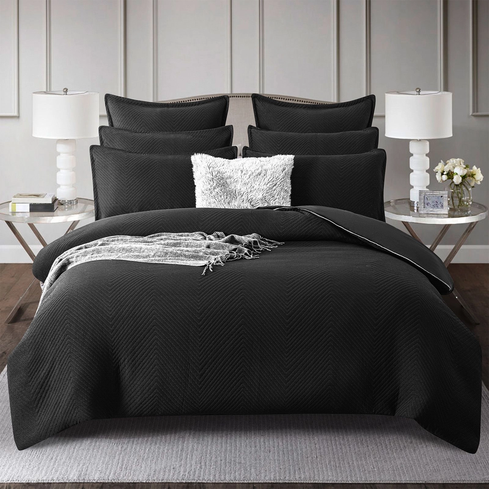 Renee Taylor Chevron Black Jacquard Quilt Cover Set