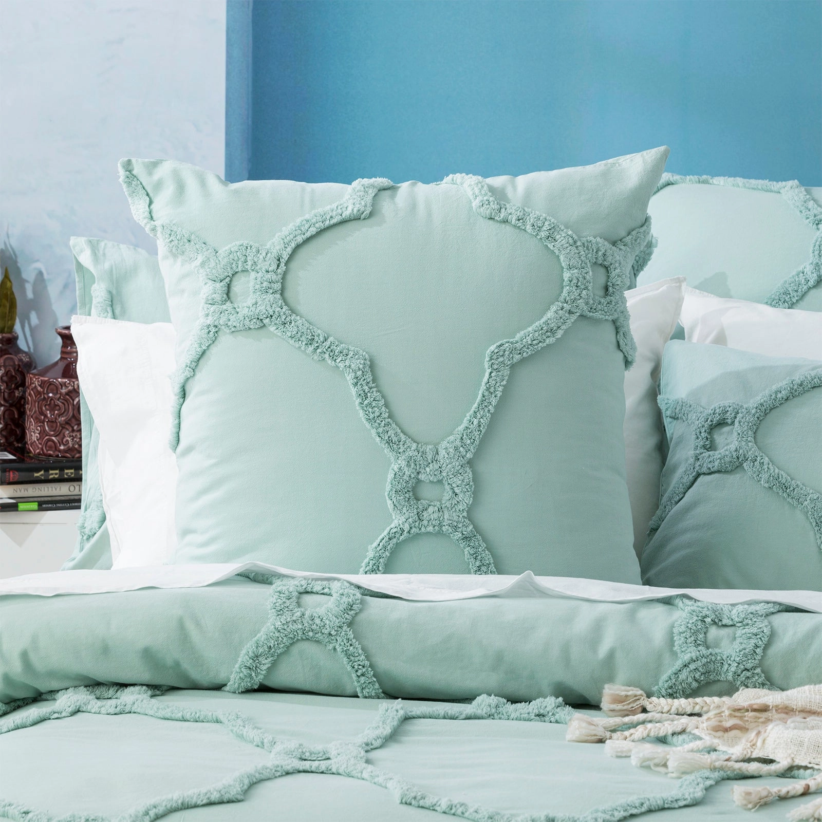 Renee Taylor Moroccan 100% Cotton Chenille Vintage washed Tufted Quilt cover set Sage