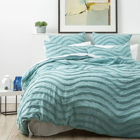 Wave AQUA 100% Cotton Chenille Vintage Quilt Cover Set by Cloud Linen
