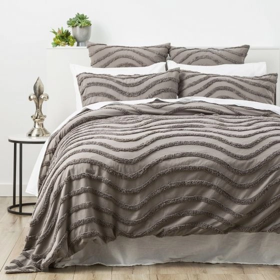 Wave GREY 100% Cotton Chenille Vintage Quilt Cover Set by Cloud Linen