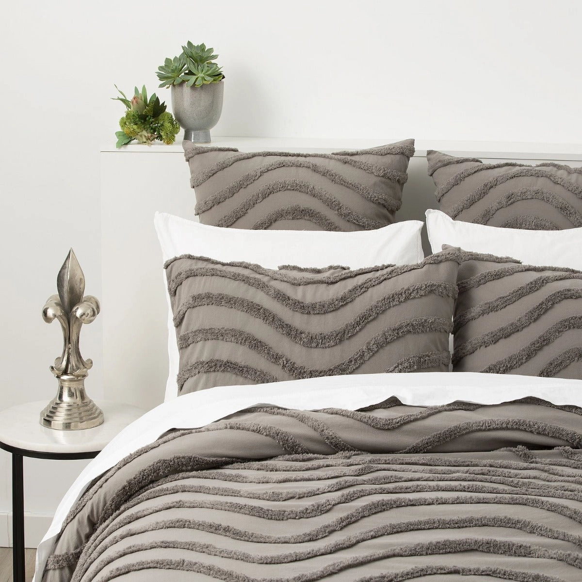 Wave GREY 100% Cotton Chenille Vintage Quilt Cover Set by Cloud Linen