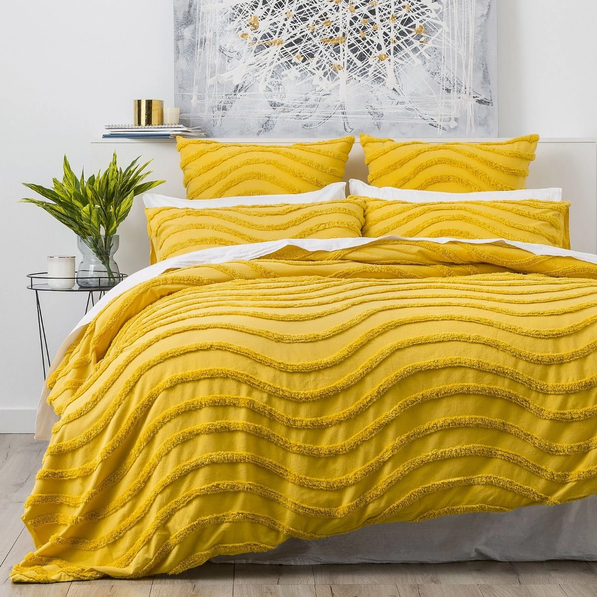 Wave MUSTARD 100% Cotton Chenille Vintage Quilt Cover Set by Cloud Linen