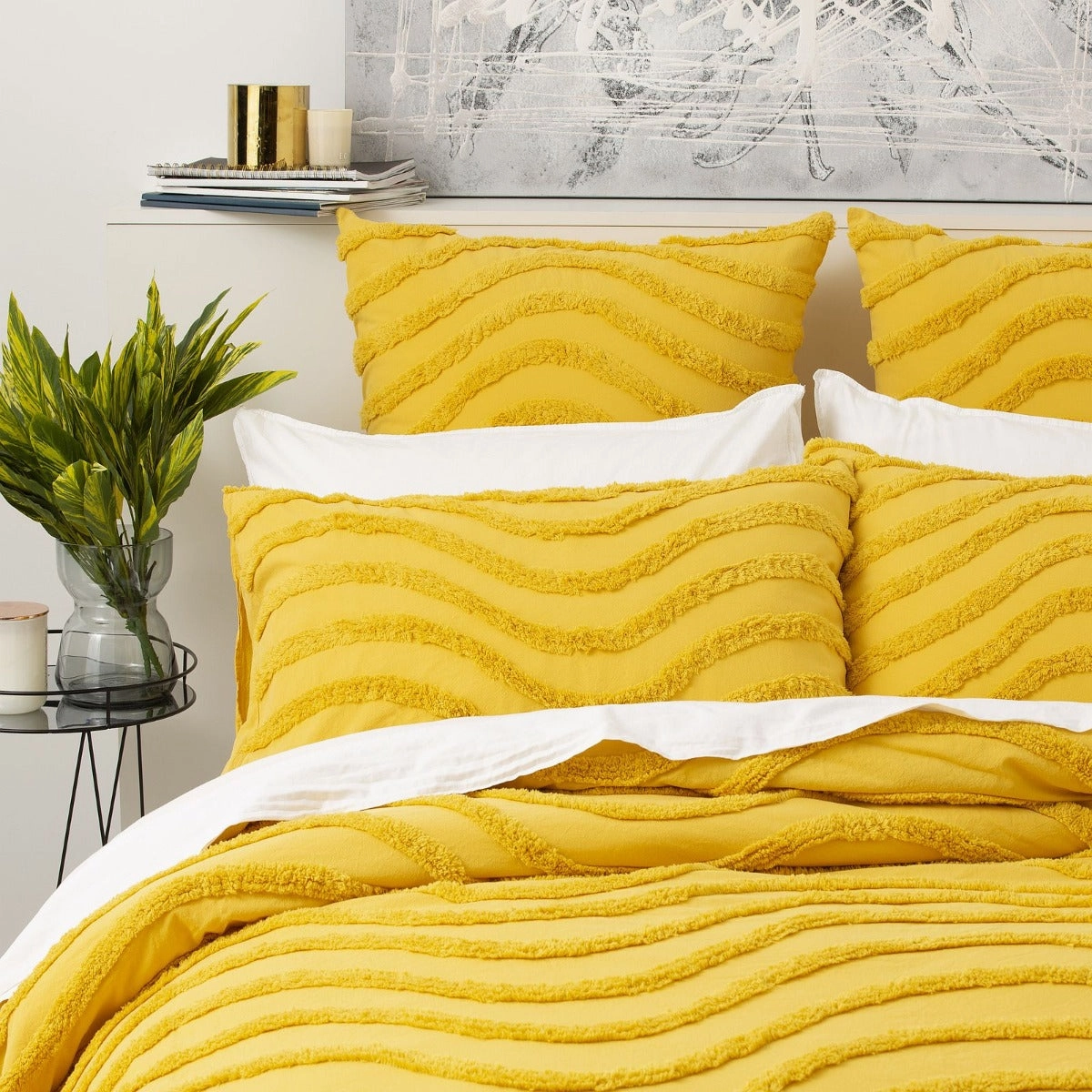 Wave MUSTARD 100% Cotton Chenille Vintage Quilt Cover Set by Cloud Linen
