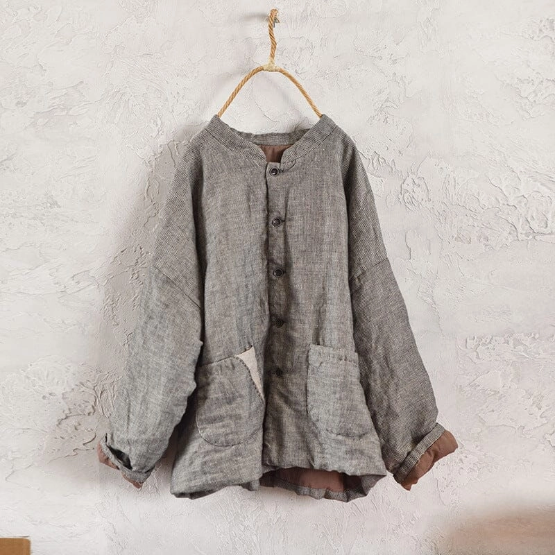 Women Solid Color Padded Retro Linen Coat
