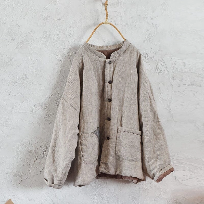 Women Solid Color Padded Retro Linen Coat