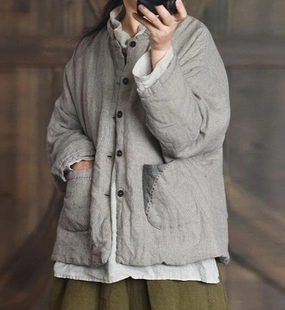 Women Solid Color Padded Retro Linen Coat